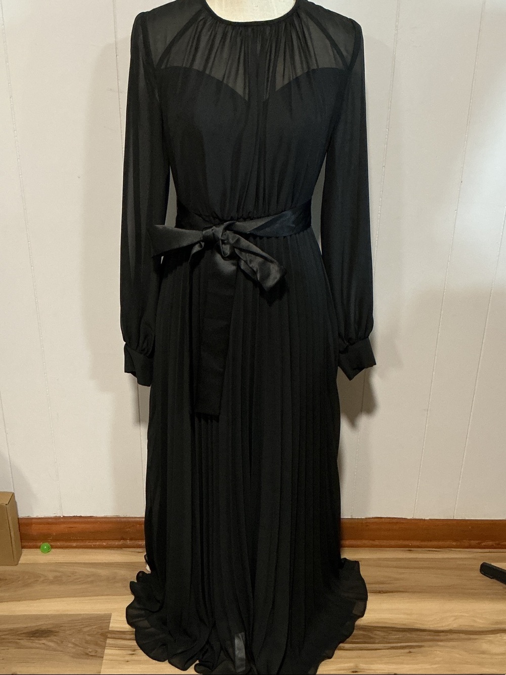 Chiffon Black Long-Sleeve Pleated Maxi Dress with Satin Waist Tie